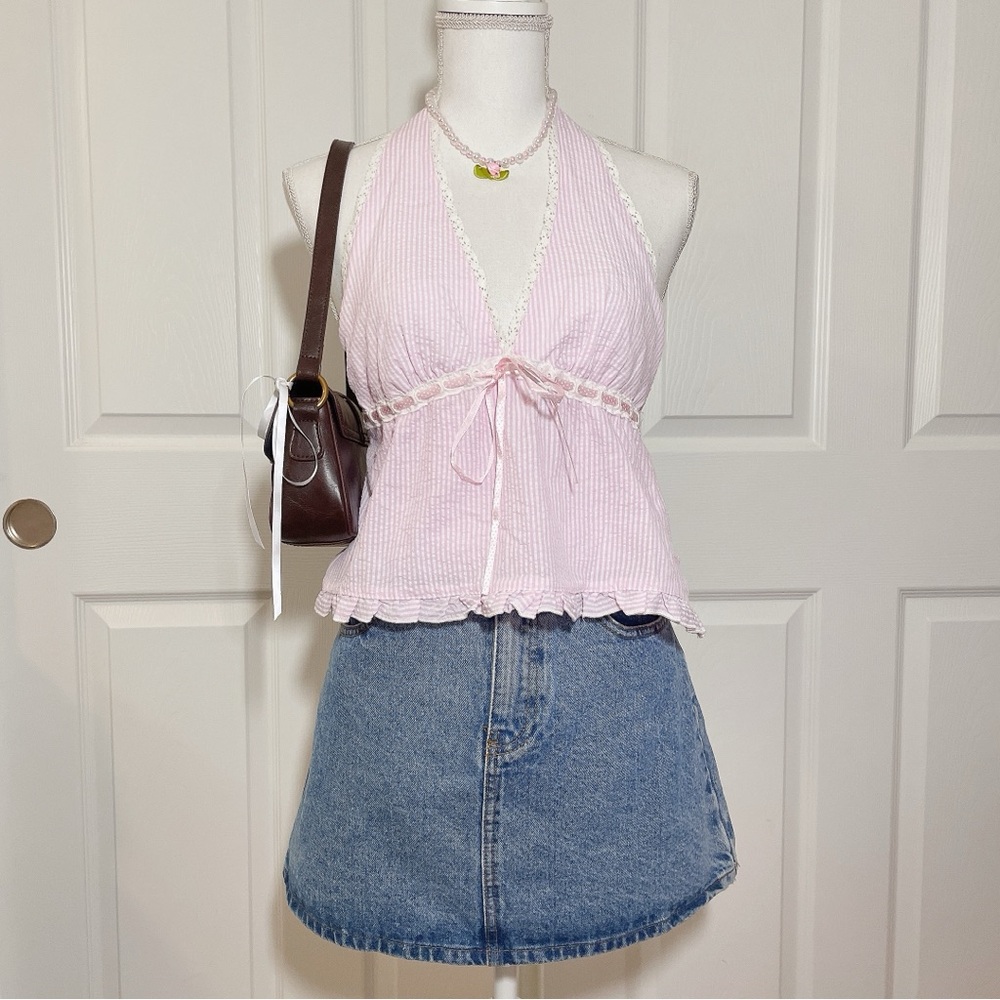 Pinstriped babydoll halter top with lace and ribbon detailing